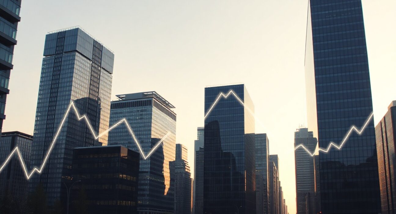 Eurozone business district skyline at dawn symbolizing economic growth from PMI data