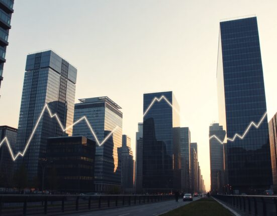 Eurozone business district skyline at dawn symbolizing economic growth from PMI data