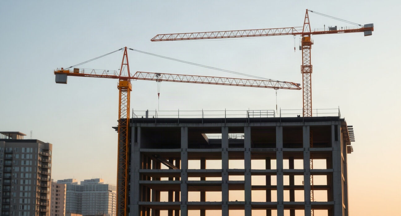 Construction site with tower crane in a European city, symbolizing the construction sector's monthly output decline.