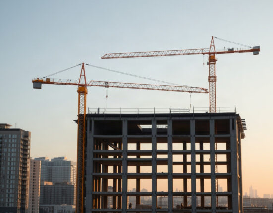 Construction site with tower crane in a European city, symbolizing the construction sector's monthly output decline.