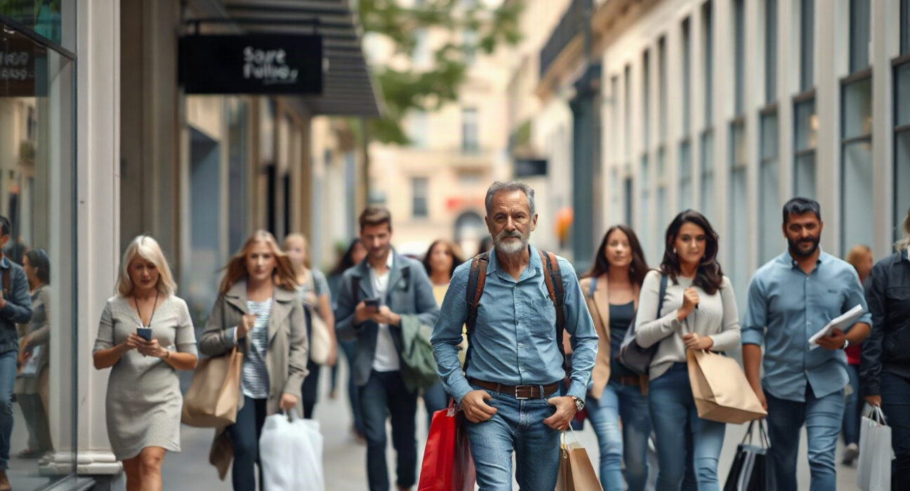 Shoppers on a European street, representing consumer confidence in the Eurozone.