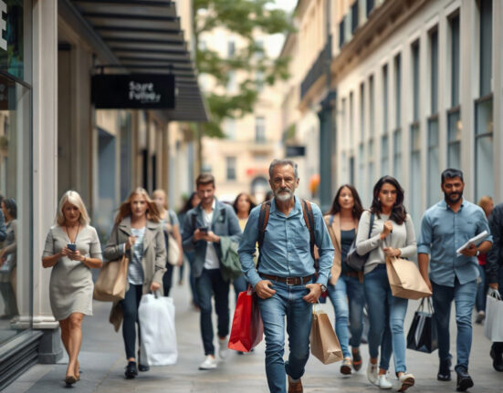 Shoppers on a European street, representing consumer confidence in the Eurozone.