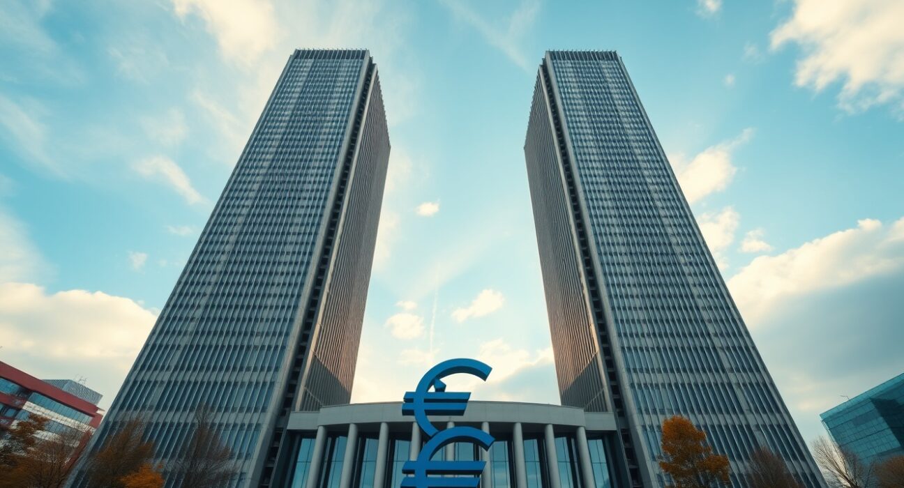European Central Bank headquarters in Frankfurt, Germany, on a clear afternoon.
