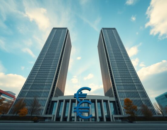 European Central Bank headquarters in Frankfurt, Germany, on a clear afternoon.