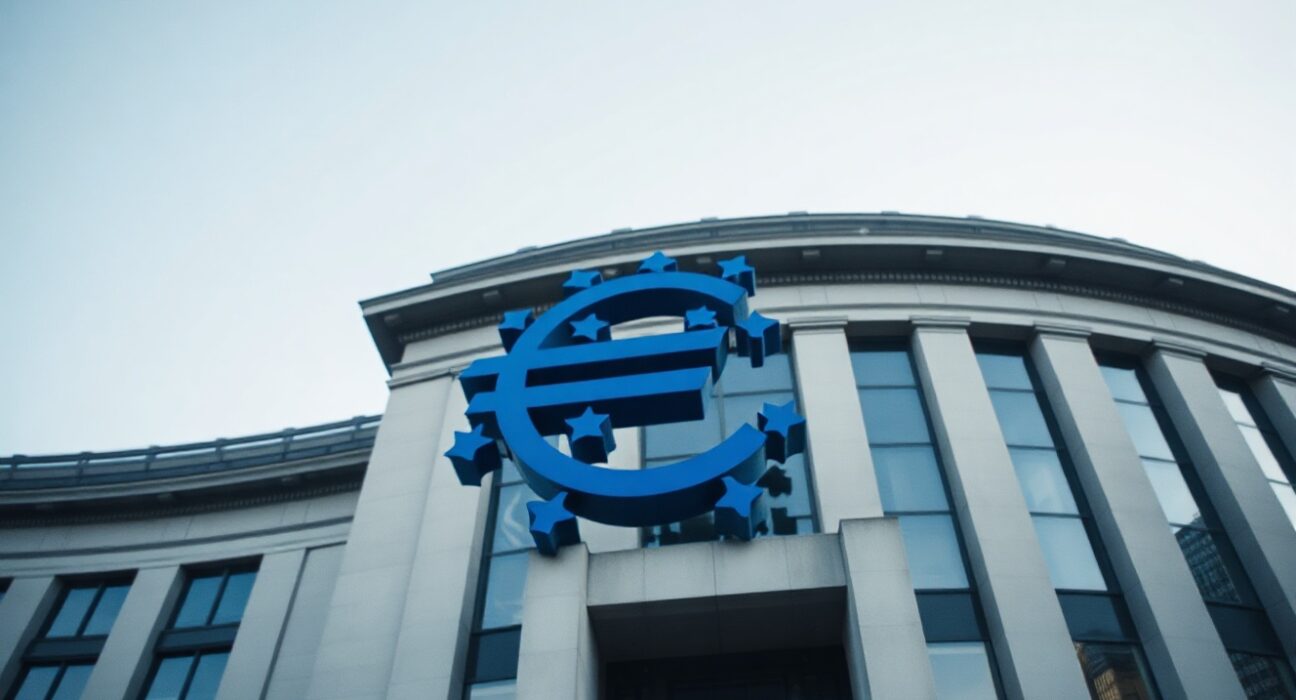 European Central Bank headquarters in Frankfurt with euro sculpture, representing Eurozone inflation data.