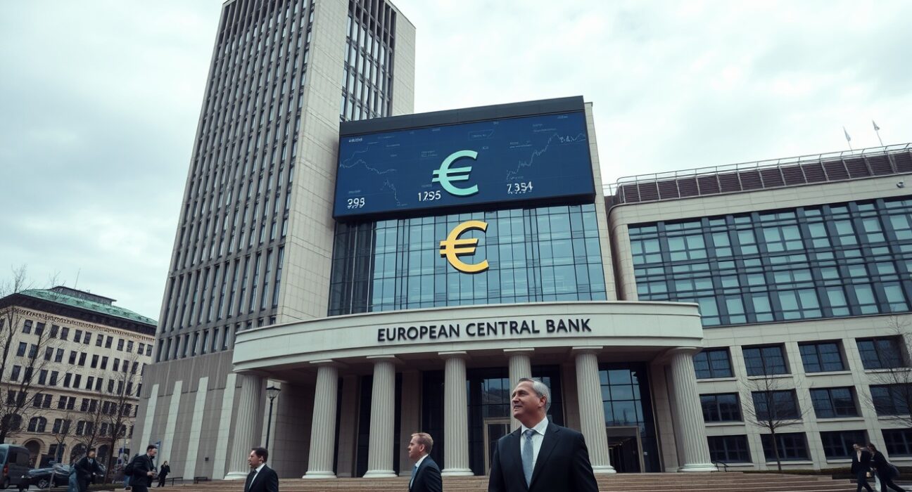 European Central Bank headquarters in Frankfurt with financial data ticker