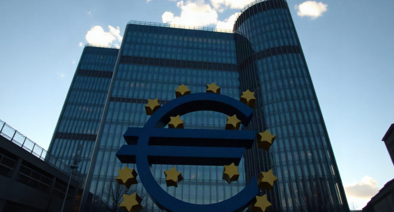 European Central Bank headquarters in Frankfurt with Euro sculpture