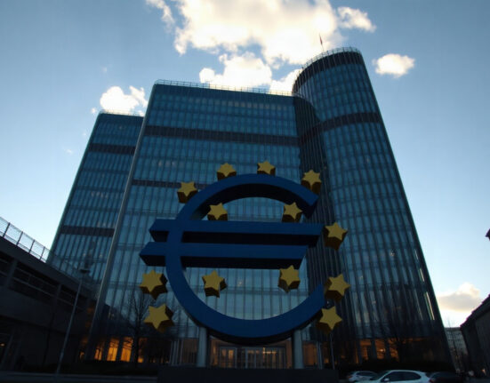 European Central Bank headquarters in Frankfurt with Euro sculpture