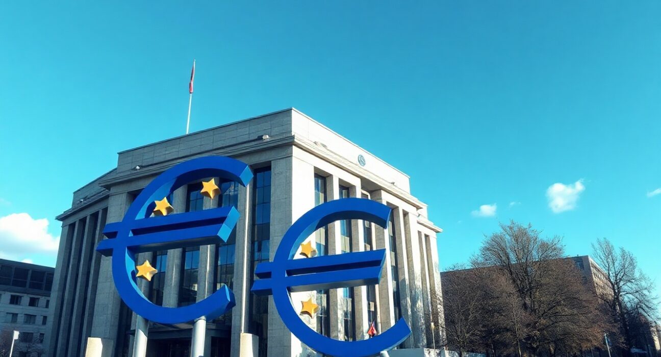 European Central Bank headquarters in Frankfurt with euro symbol, symbolizing Eurozone monetary policy.
