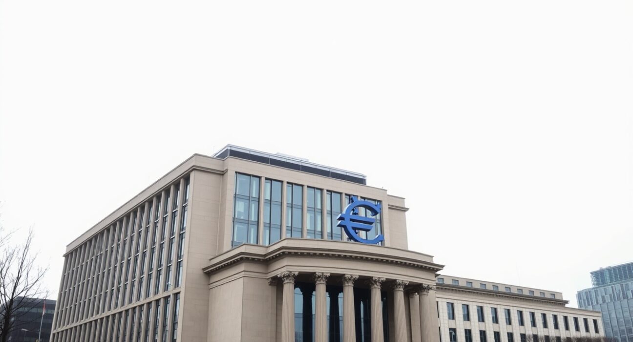 European Central Bank headquarters in Frankfurt, Germany, on a cloudy day.