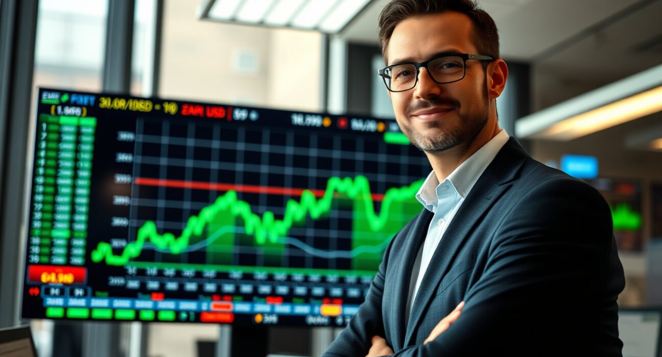 Financial analyst observing EUR/USD chart with upward trend in modern office