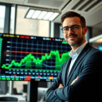 Financial analyst observing EUR/USD chart with upward trend in modern office