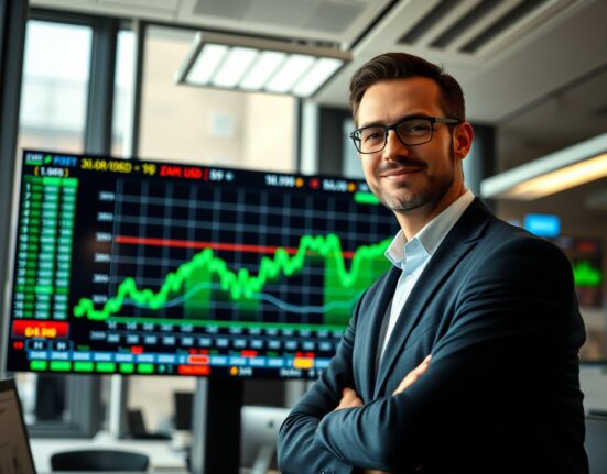 Financial analyst observing EUR/USD chart with upward trend in modern office