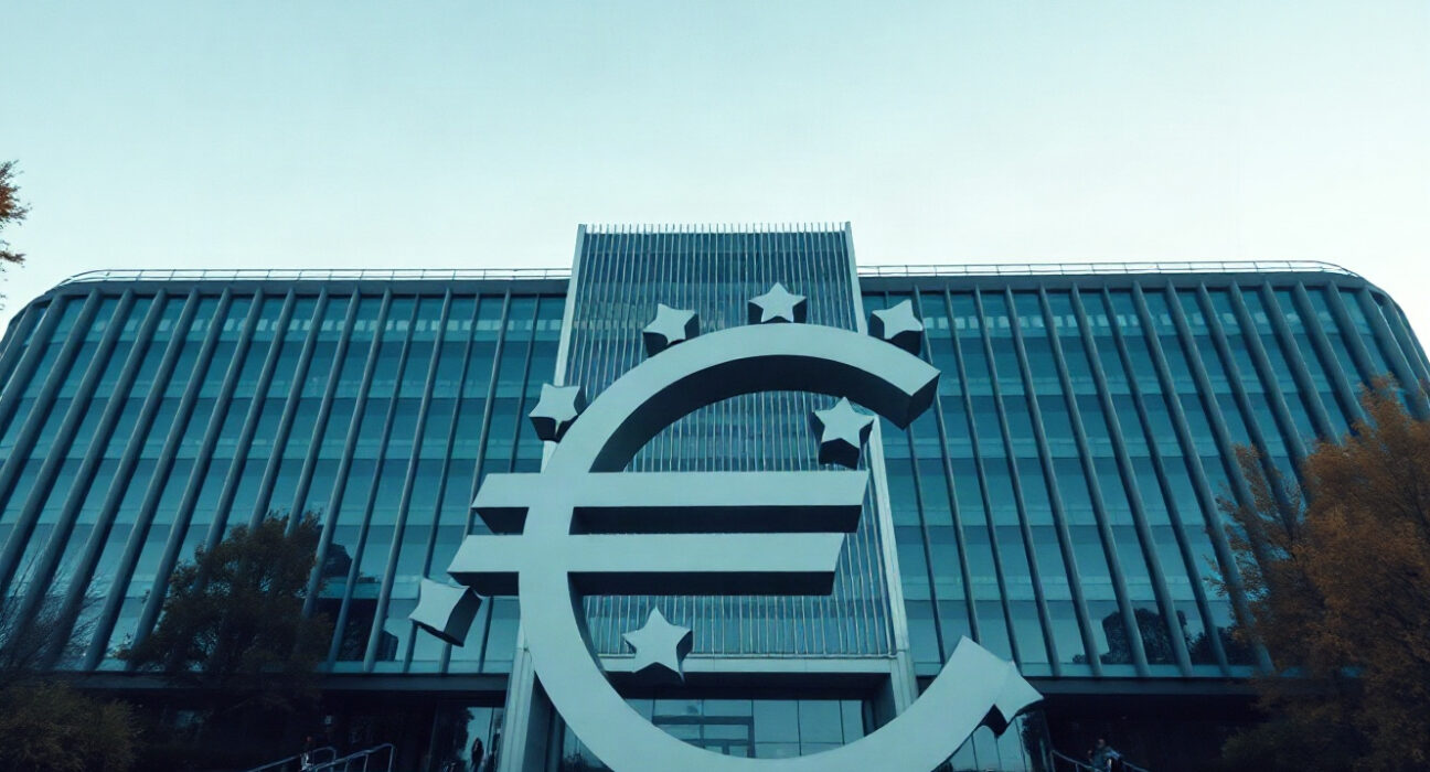 European Central Bank headquarters in Frankfurt with Euro sculpture, symbolizing Eurozone economic sentiment.