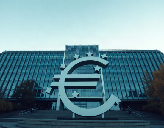 European Central Bank headquarters in Frankfurt with Euro sculpture, symbolizing Eurozone economic sentiment.