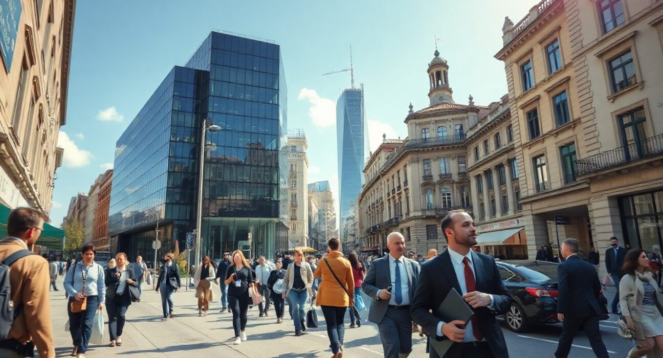 Professionals walking in a European city center, representing steady Eurozone employment growth in Q2 2024.