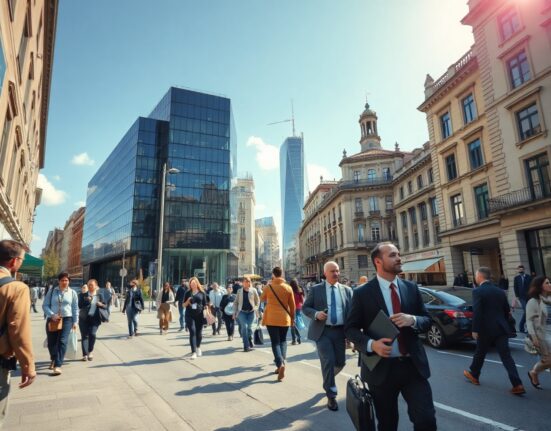 Professionals walking in a European city center, representing steady Eurozone employment growth in Q2 2024.