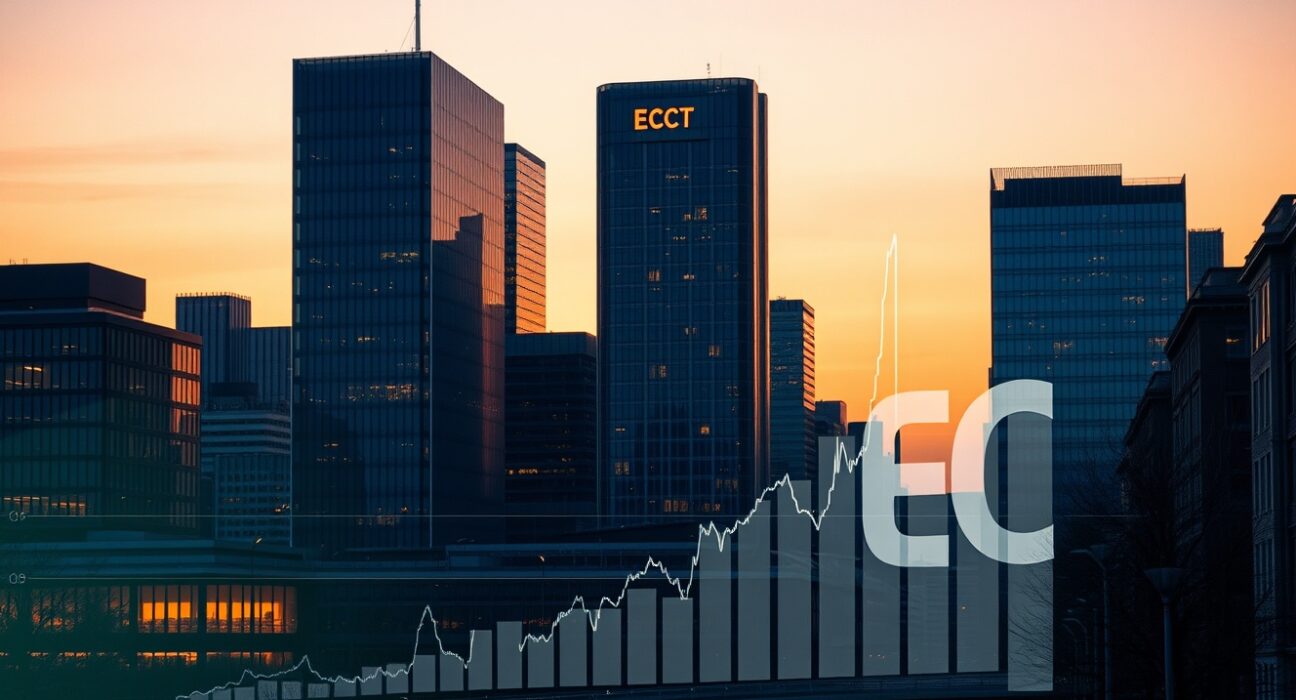 Eurozone economic analysis with energy price charts over Frankfurt financial district showing ECB headquarters