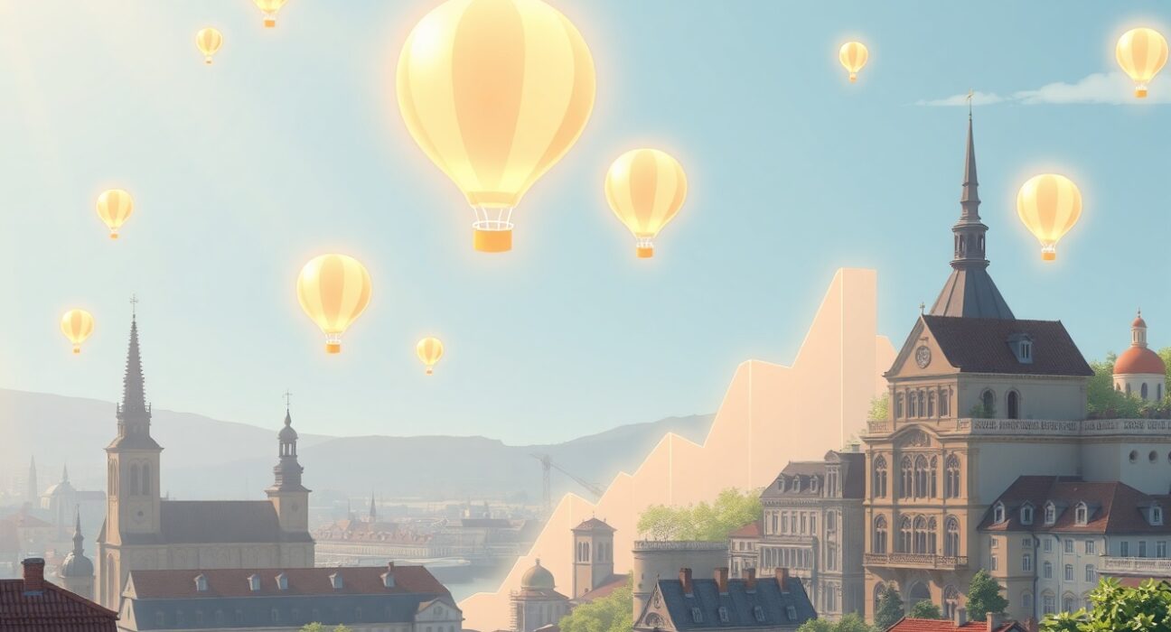 Eurozone PMI data showing economic expansion in February 2025, visualized through abstract growth indicators.