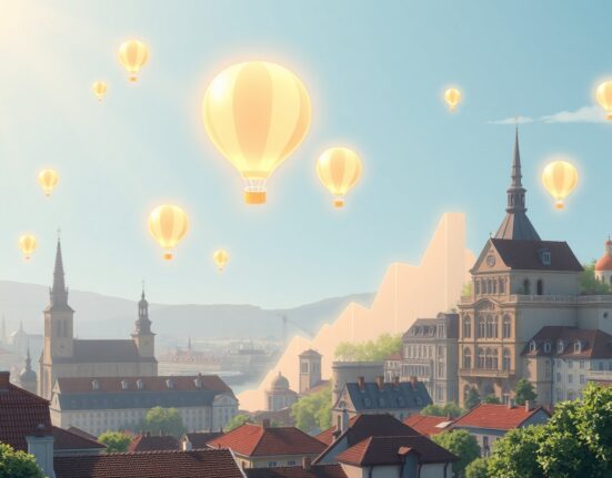 Eurozone PMI data showing economic expansion in February 2025, visualized through abstract growth indicators.