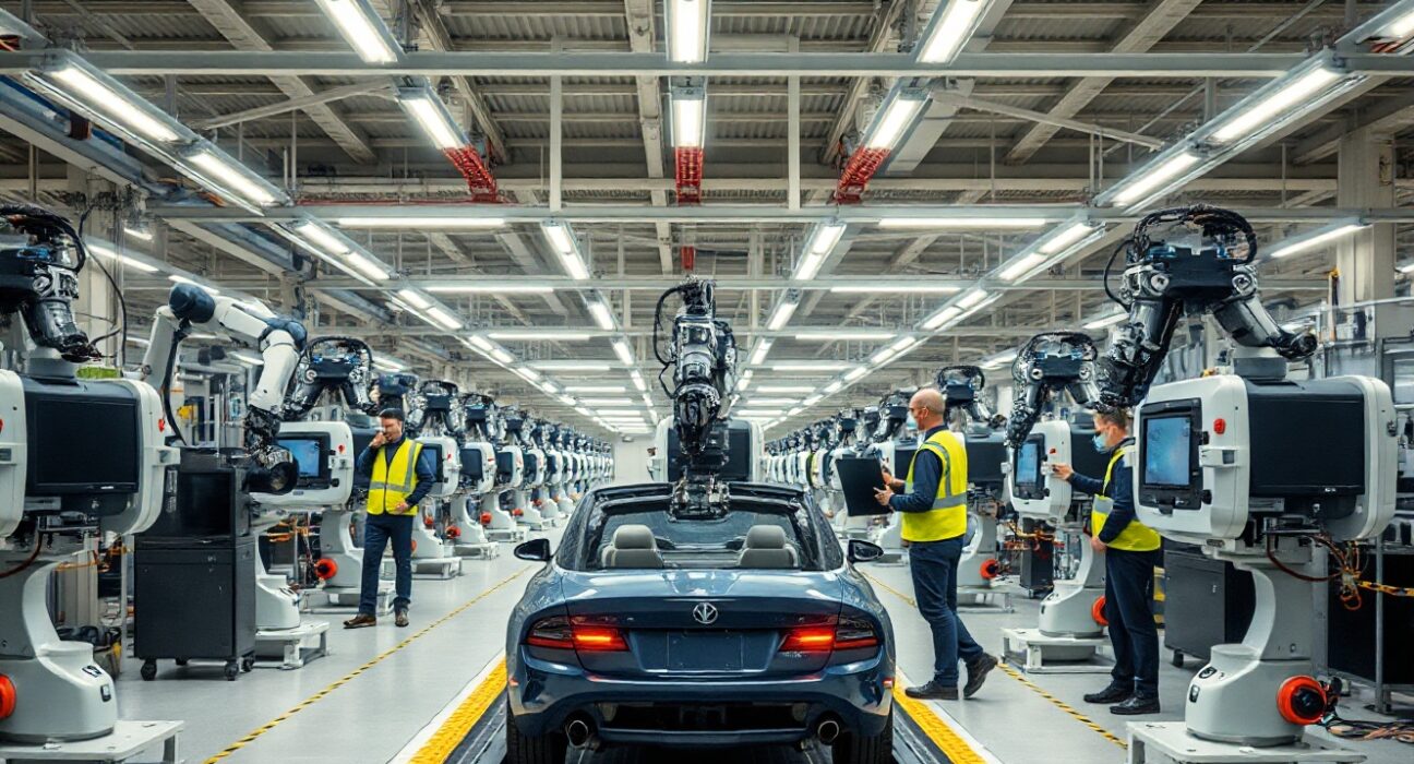 Eurozone factory production line with robotic arms and workers, representing manufacturing growth
