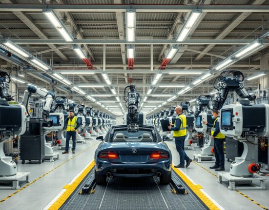 Eurozone factory production line with robotic arms and workers, representing manufacturing growth