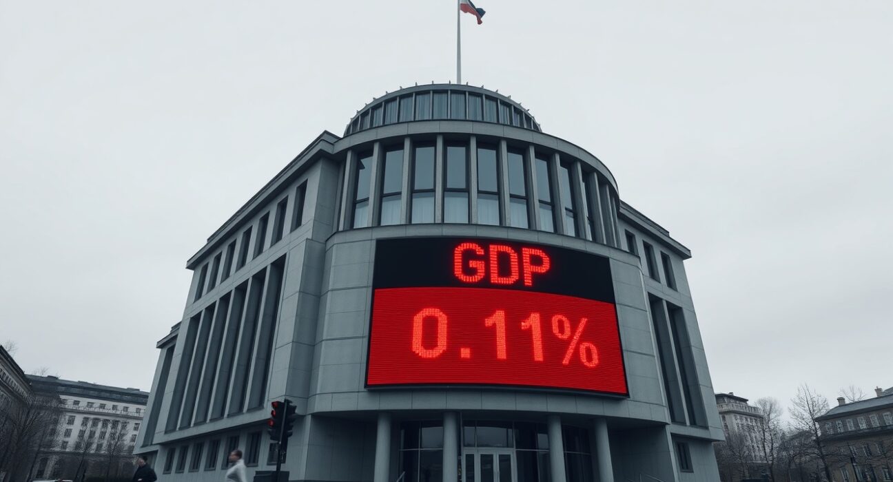 Eurozone flash Q1 GDP miss of 0.1% displayed on ECB building in Frankfurt, signaling economic slowdown