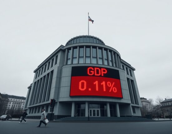 Eurozone flash Q1 GDP miss of 0.1% displayed on ECB building in Frankfurt, signaling economic slowdown