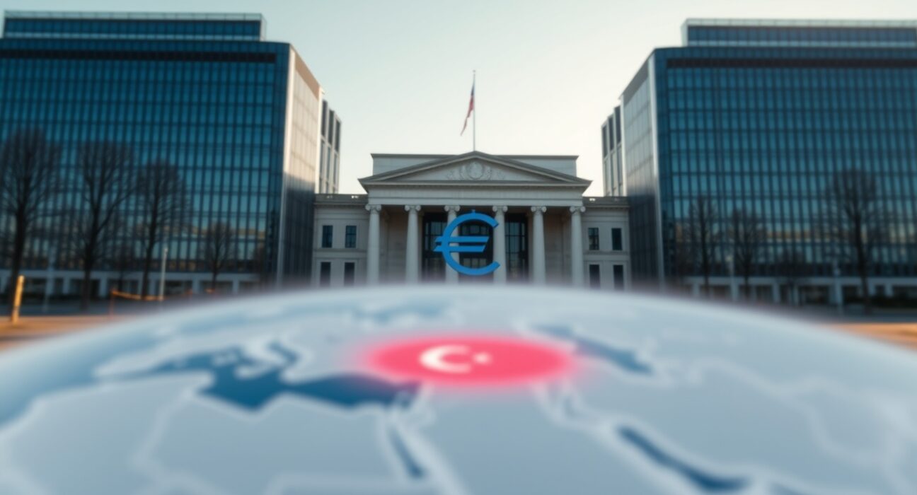 European Central Bank headquarters in Frankfurt with a subtle geopolitical risk overlay