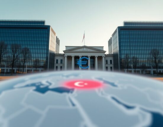 European Central Bank headquarters in Frankfurt with a subtle geopolitical risk overlay