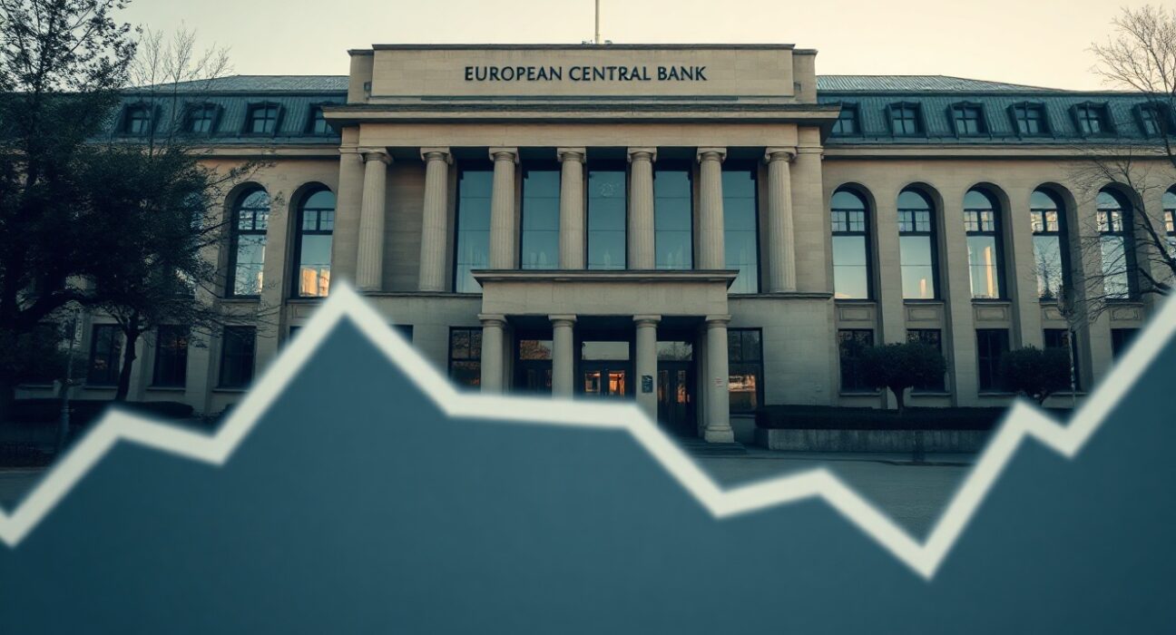 European Central Bank headquarters in Frankfurt with a subtle economic growth chart overlay