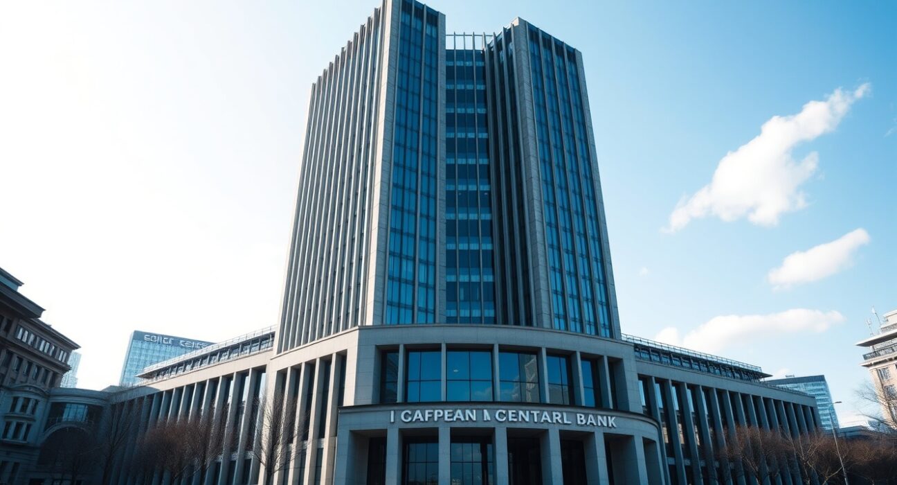 European Central Bank headquarters in Frankfurt on a sunny day, representing Eurozone economic data.