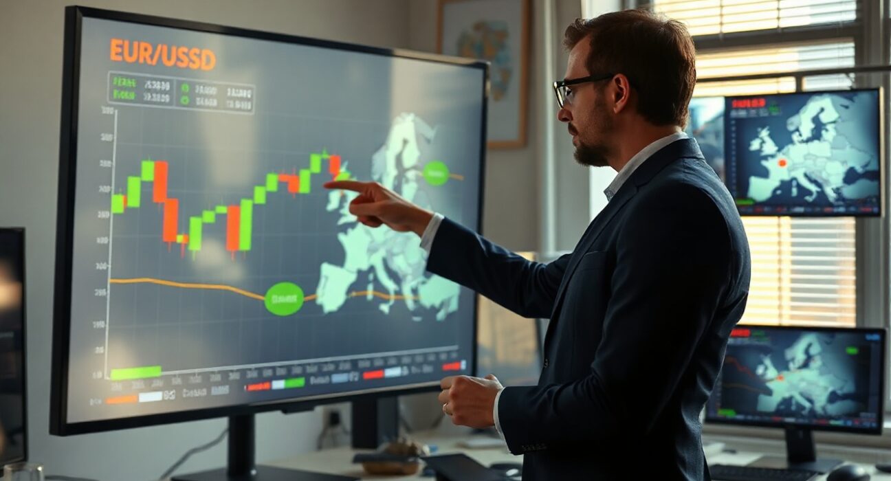 Financial analyst pointing at EUR/USD candlestick chart on digital screen with Europe map in background
