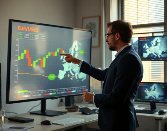 Financial analyst pointing at EUR/USD candlestick chart on digital screen with Europe map in background