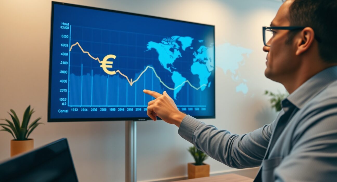 Financial analyst pointing at a digital screen showing a downward Euro trend chart.