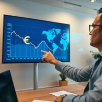 Financial analyst pointing at a digital screen showing a downward Euro trend chart.