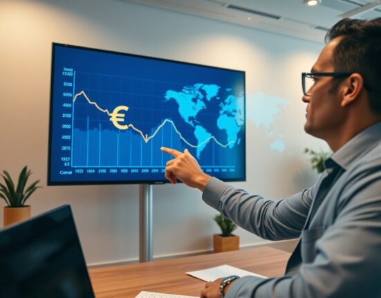 Financial analyst pointing at a digital screen showing a downward Euro trend chart.