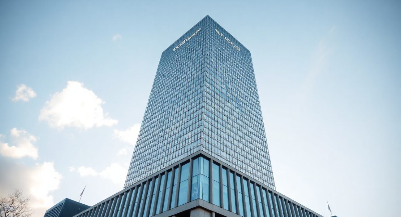 European Central Bank headquarters in Frankfurt with euro symbol, symbolizing Eurozone monetary policy and currency outlook.