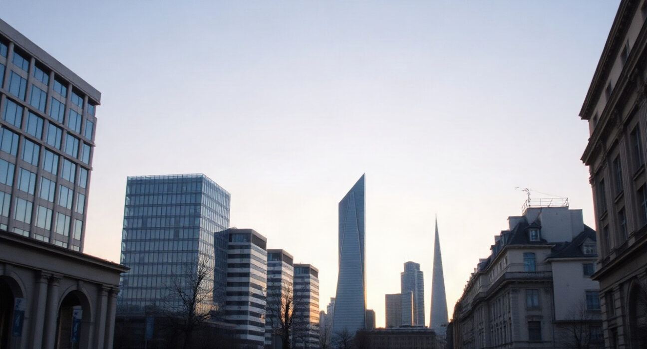 Eurozone financial district skyline at dawn, symbolizing economic growth after PMI beat.
