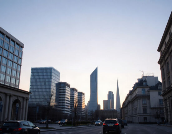 Eurozone financial district skyline at dawn, symbolizing economic growth after PMI beat.