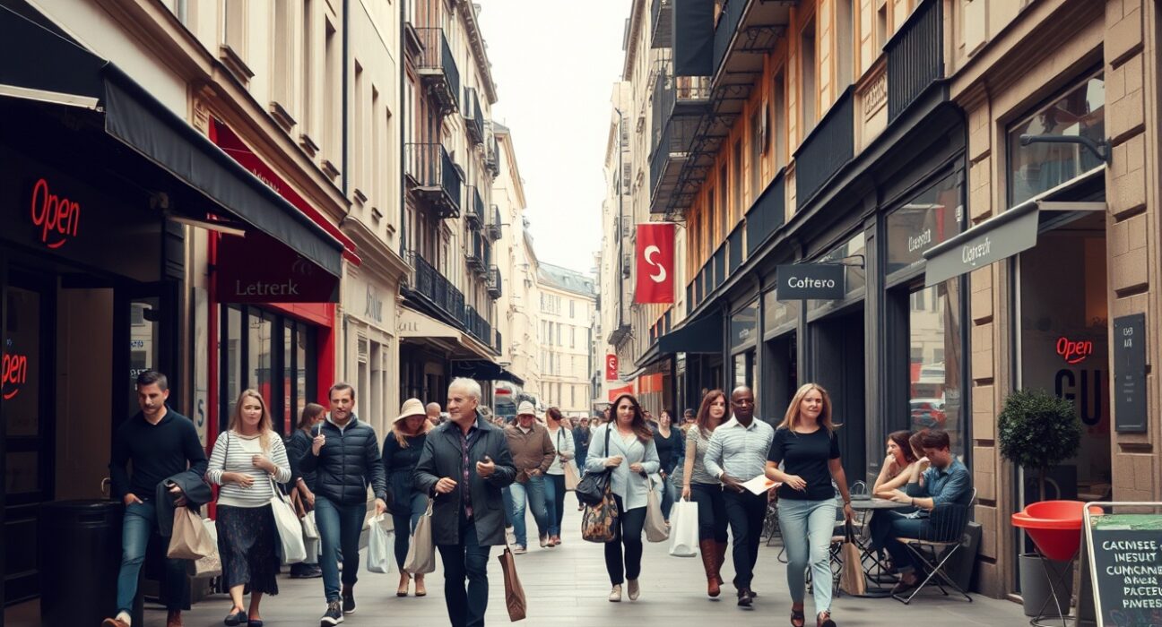 Busy European city street with shoppers and outdoor café patrons under overcast sky