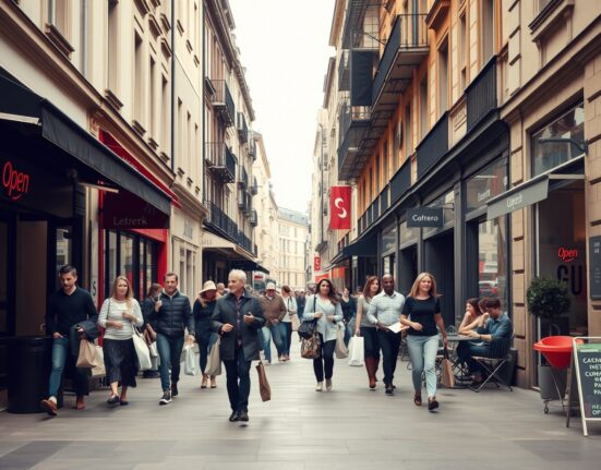 Busy European city street with shoppers and outdoor café patrons under overcast sky