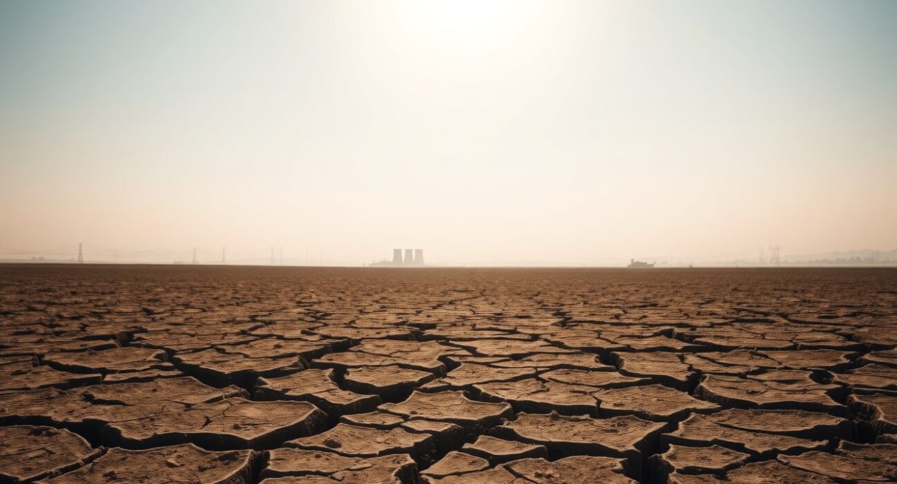 Dry cracked farmland in Southern Europe under intense summer heat, representing heatwave impact on Eurozone economy.