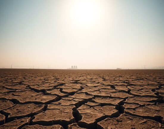 Dry cracked farmland in Southern Europe under intense summer heat, representing heatwave impact on Eurozone economy.