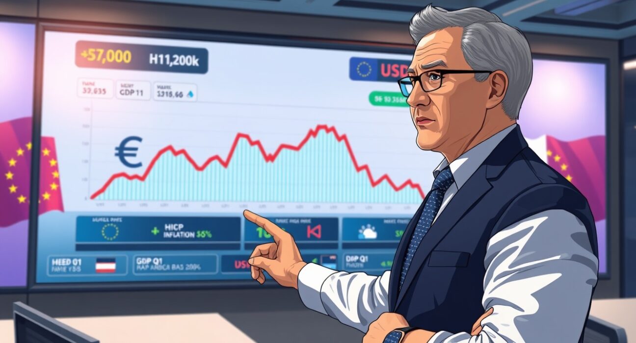 Financial analyst monitoring Eurozone HICP inflation and Q1 GDP data charts on a digital screen, with EUR/USD currency pair graph visible.