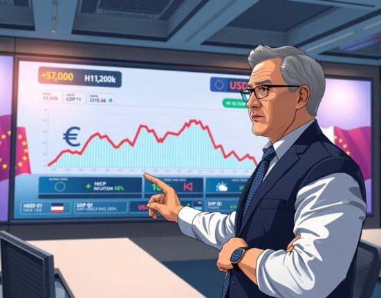 Financial analyst monitoring Eurozone HICP inflation and Q1 GDP data charts on a digital screen, with EUR/USD currency pair graph visible.
