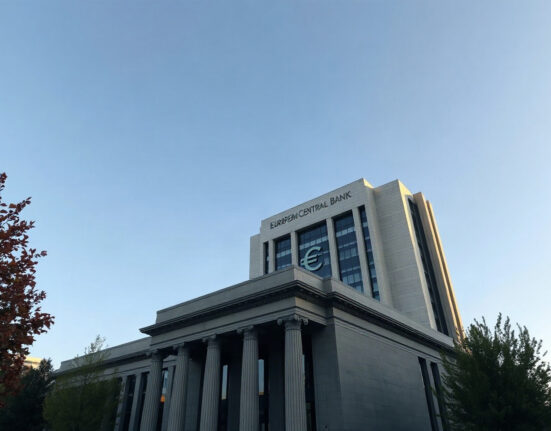 European Central Bank headquarters in Frankfurt with euro symbol on a clear day