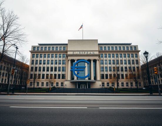 European Central Bank headquarters in Frankfurt under overcast sky, representing Eurozone economic conditions.