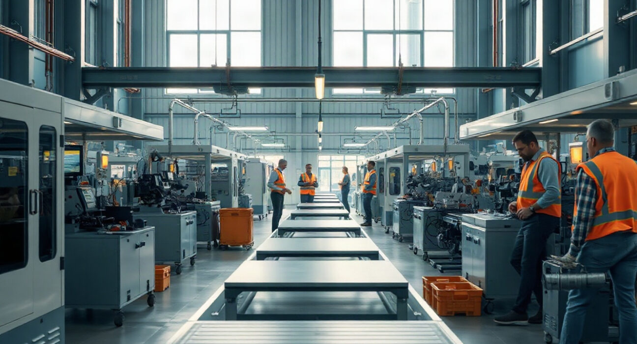 Inside a modern European factory with workers and machinery, representing industrial activity.