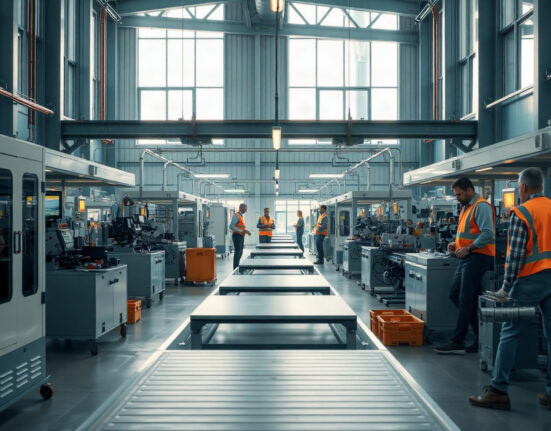 Inside a modern European factory with workers and machinery, representing industrial activity.